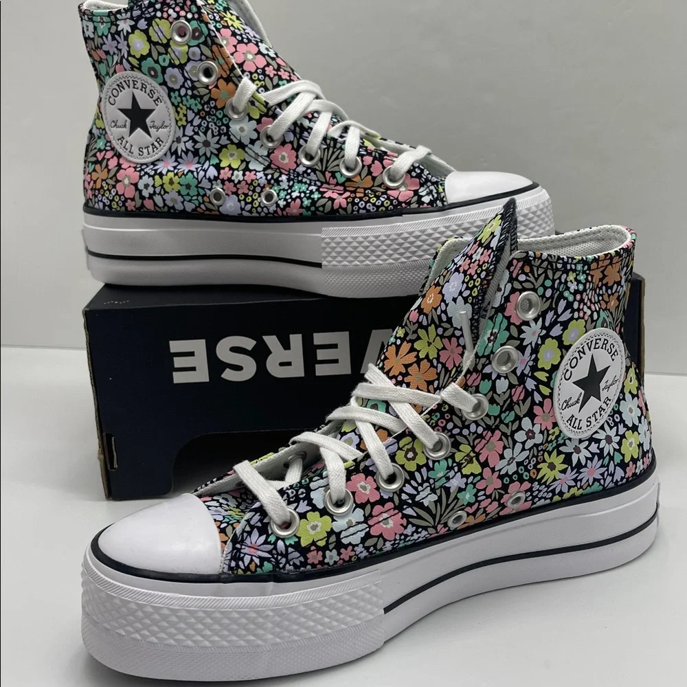 Converse Floral Platform High Top Sneakers - Black with Pastel Flowers